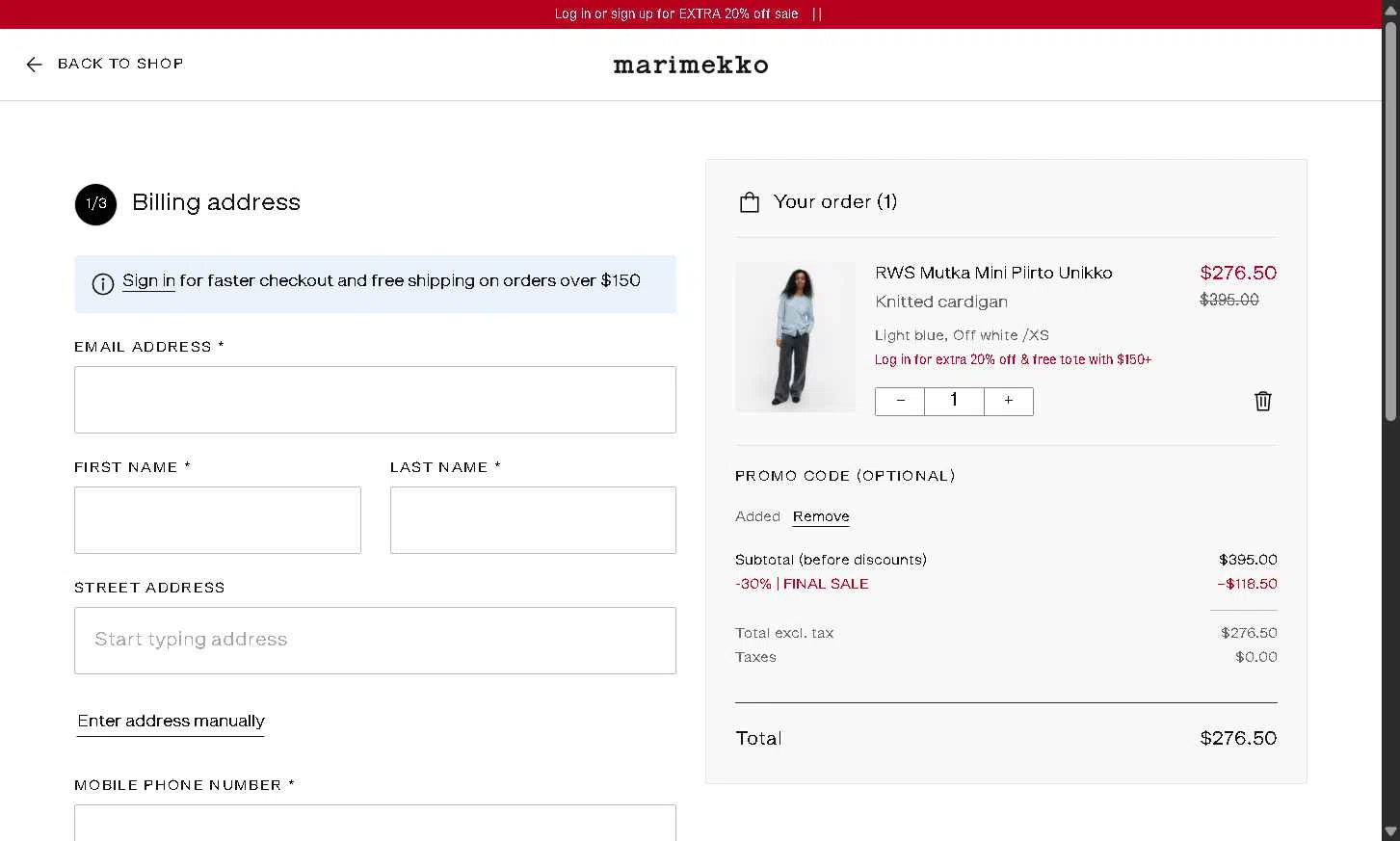 Marimekko checkout page showing Marimekko promo code box | Screenshot taken by SimplyCodes community member on Dec 7, 2025