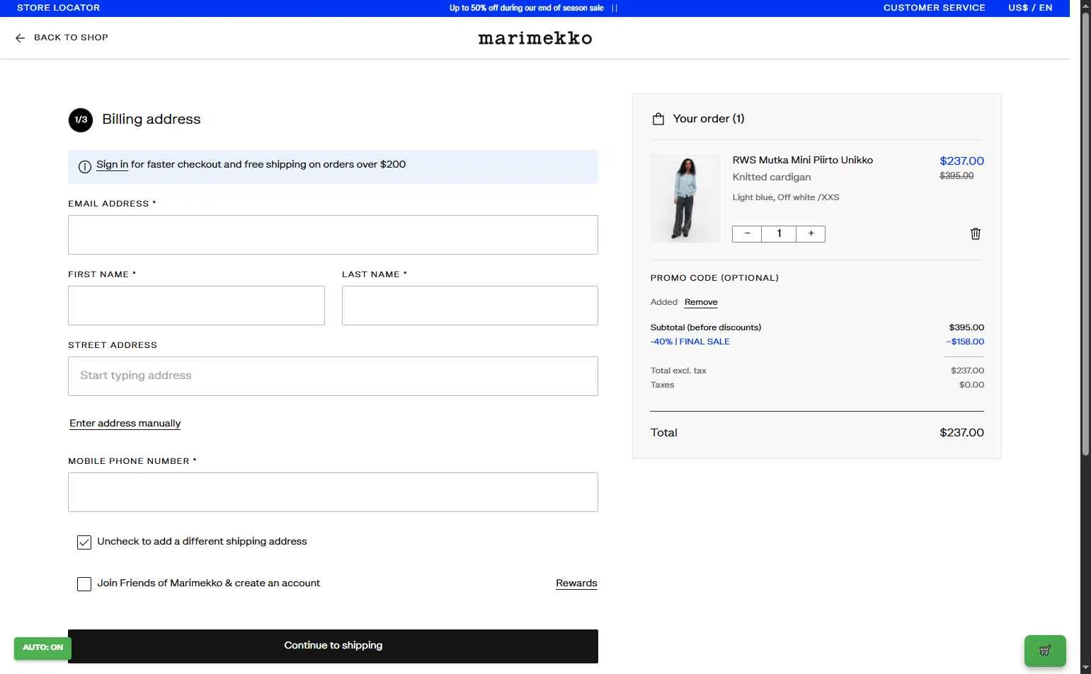 Marimekko checkout page showing Marimekko promo code box | Screenshot taken by SimplyCodes community member on Jan 4, 2026