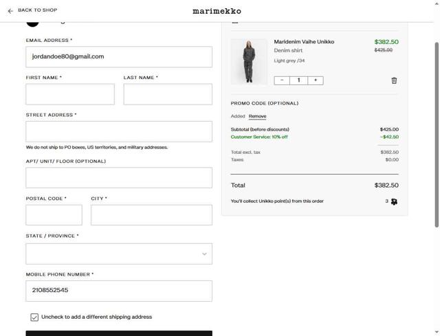 Marimekko checkout page showing Marimekko promo code box | Screenshot taken by SimplyCodes community member on Sep 9, 2025