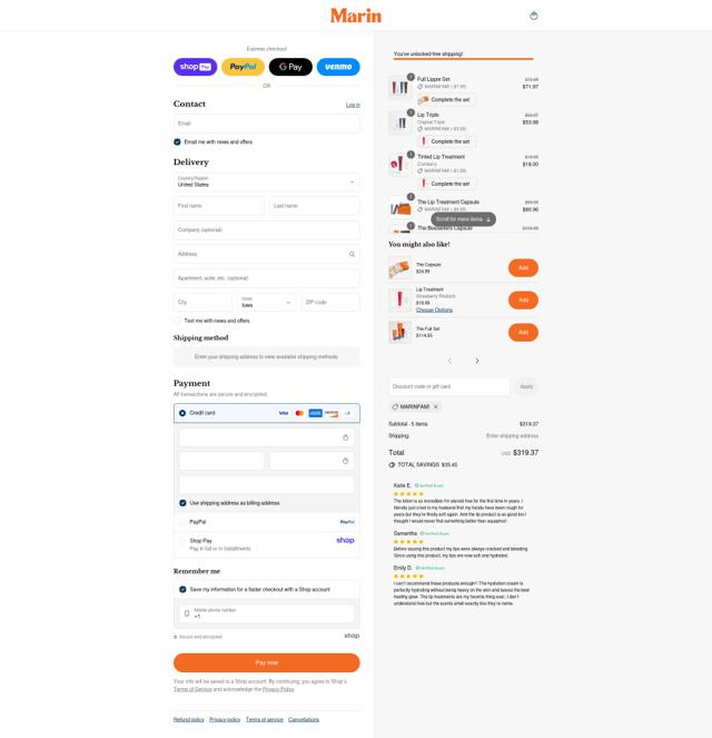 Marin Skincare checkout page showing Marin Skincare discount code box | Screenshot taken by SimplyCodes community member on Aug 14, 2025