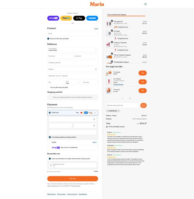 Marin Skincare checkout page showing Marin Skincare discount code box | Screenshot taken by SimplyCodes community member on Aug 13, 2025