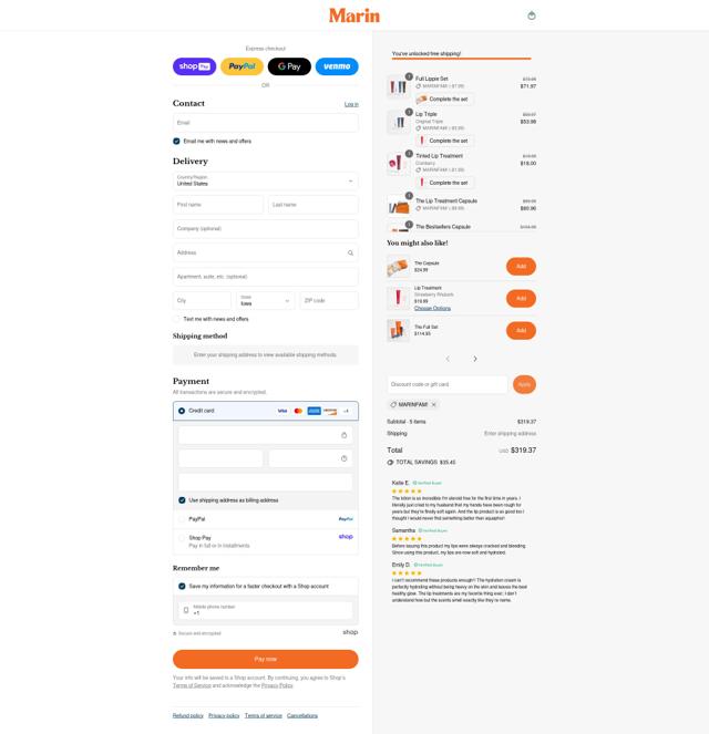 Marin Skincare checkout page showing Marin Skincare discount code box | Screenshot taken by SimplyCodes community member on Aug 17, 2025