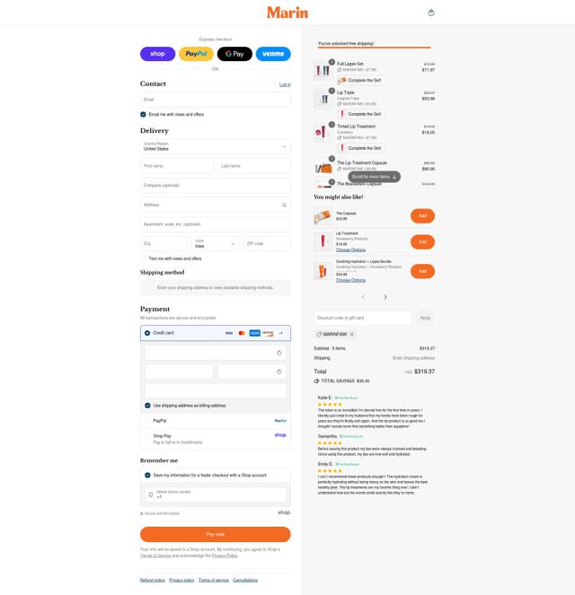Marin Skincare checkout page showing Marin Skincare discount code box | Screenshot taken by SimplyCodes community member on Sep 4, 2025
