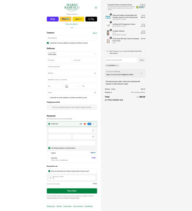 Mario Badescu Skin Care checkout page showing Mario Badescu Skin Care promo code box | Screenshot taken by SimplyCodes community member on Sep 12, 2025