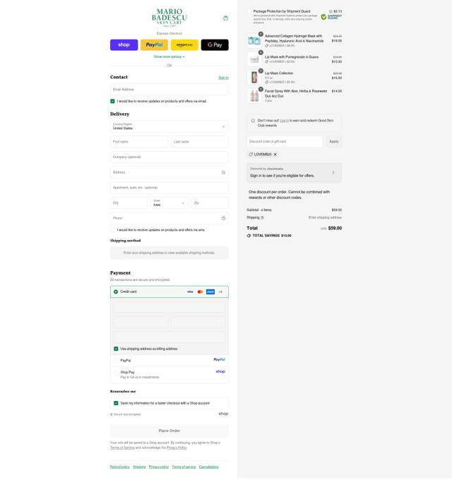 Mario Badescu Skin Care checkout page showing Mario Badescu Skin Care promo code box | Screenshot taken by SimplyCodes community member on Sep 12, 2025