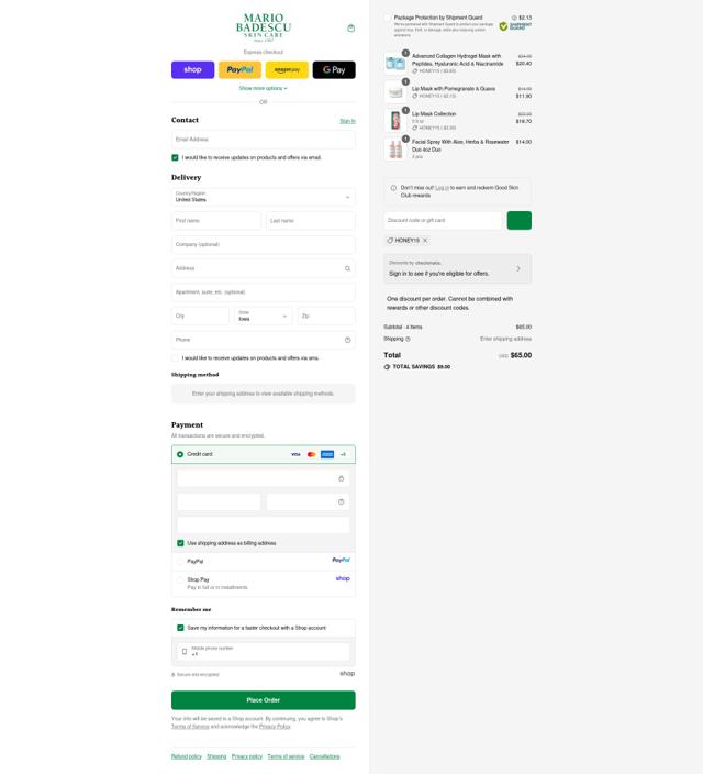 Mario Badescu Skin Care checkout page showing Mario Badescu Skin Care promo code box | Screenshot taken by SimplyCodes community member on Sep 12, 2025