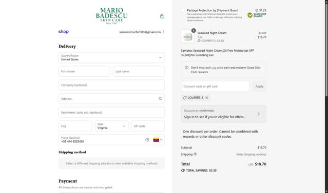 Mario Badescu Skin Care checkout page showing Mario Badescu Skin Care promo code box | Screenshot taken by SimplyCodes community member on Sep 12, 2025