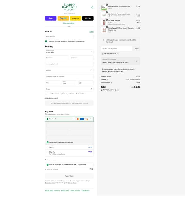 Mario Badescu Skin Care checkout page showing Mario Badescu Skin Care promo code box | Screenshot taken by SimplyCodes community member on Sep 9, 2025