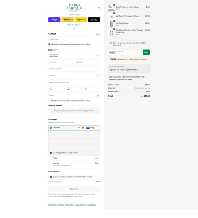Mario Badescu Skin Care checkout page showing Mario Badescu Skin Care promo code box | Screenshot taken by SimplyCodes community member on Sep 9, 2025