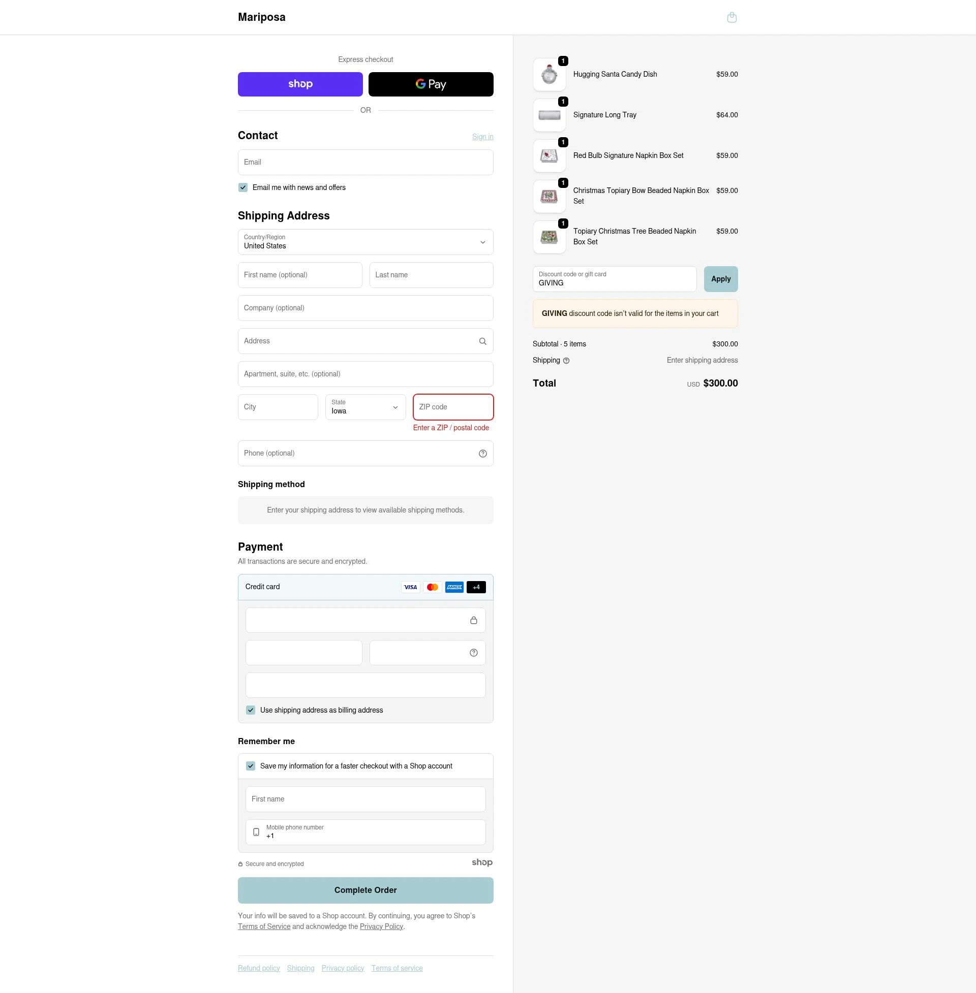 Mariposa checkout page showing Mariposa promo code box | Screenshot taken by SimplyCodes community member on Sep 24, 2025