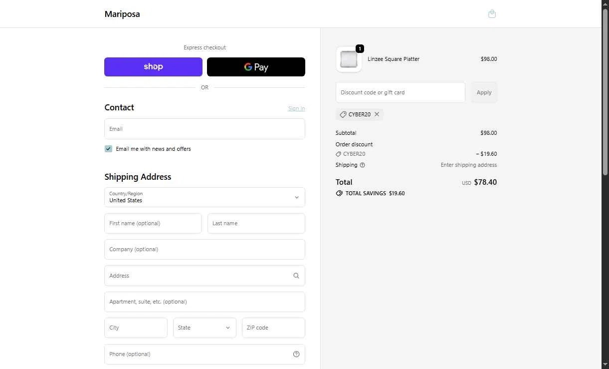 Mariposa checkout page showing Mariposa promo code box | Screenshot taken by SimplyCodes community member on Dec 1, 2025