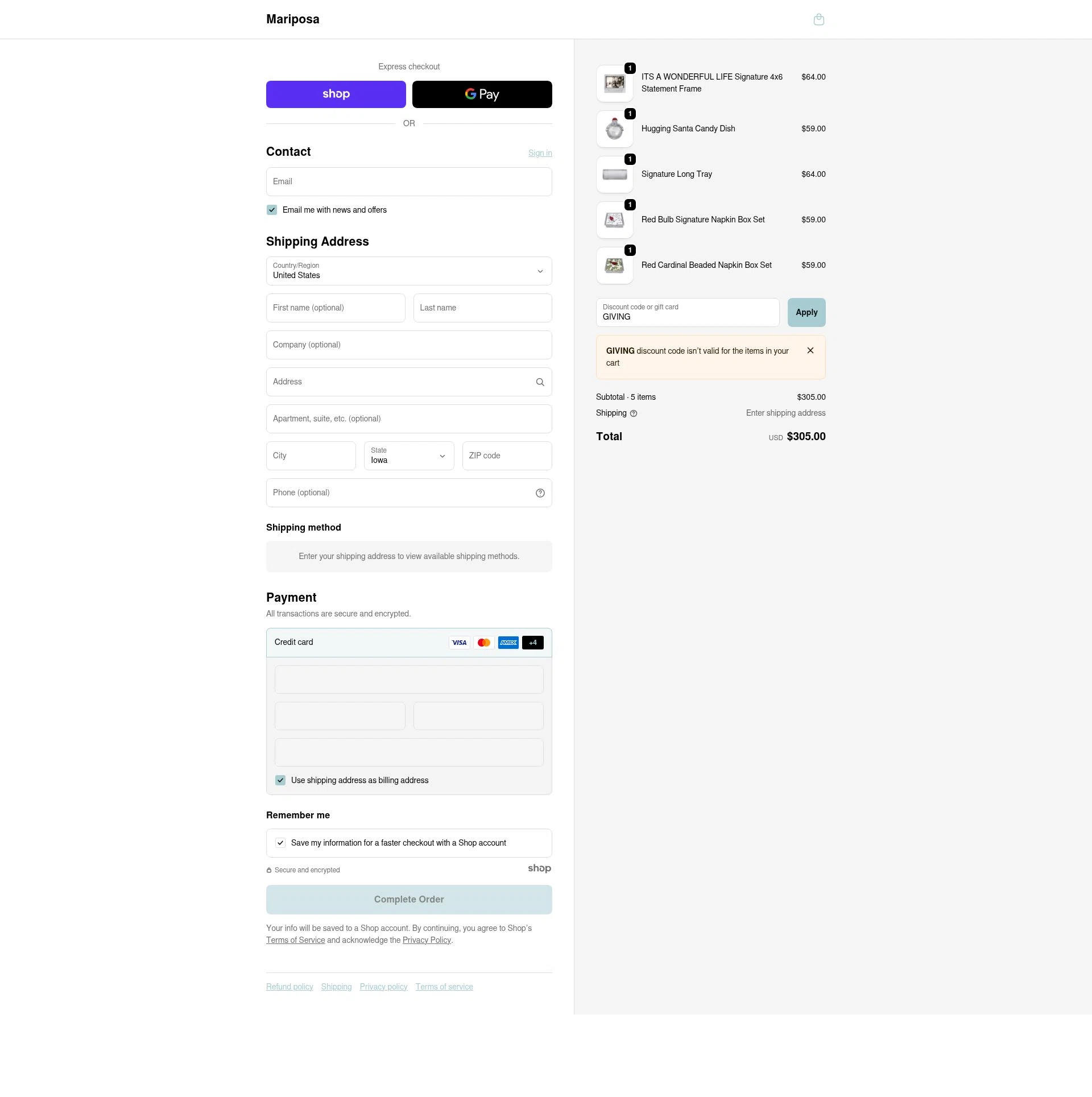 Mariposa checkout page showing Mariposa promo code box | Screenshot taken by SimplyCodes community member on Oct 10, 2025