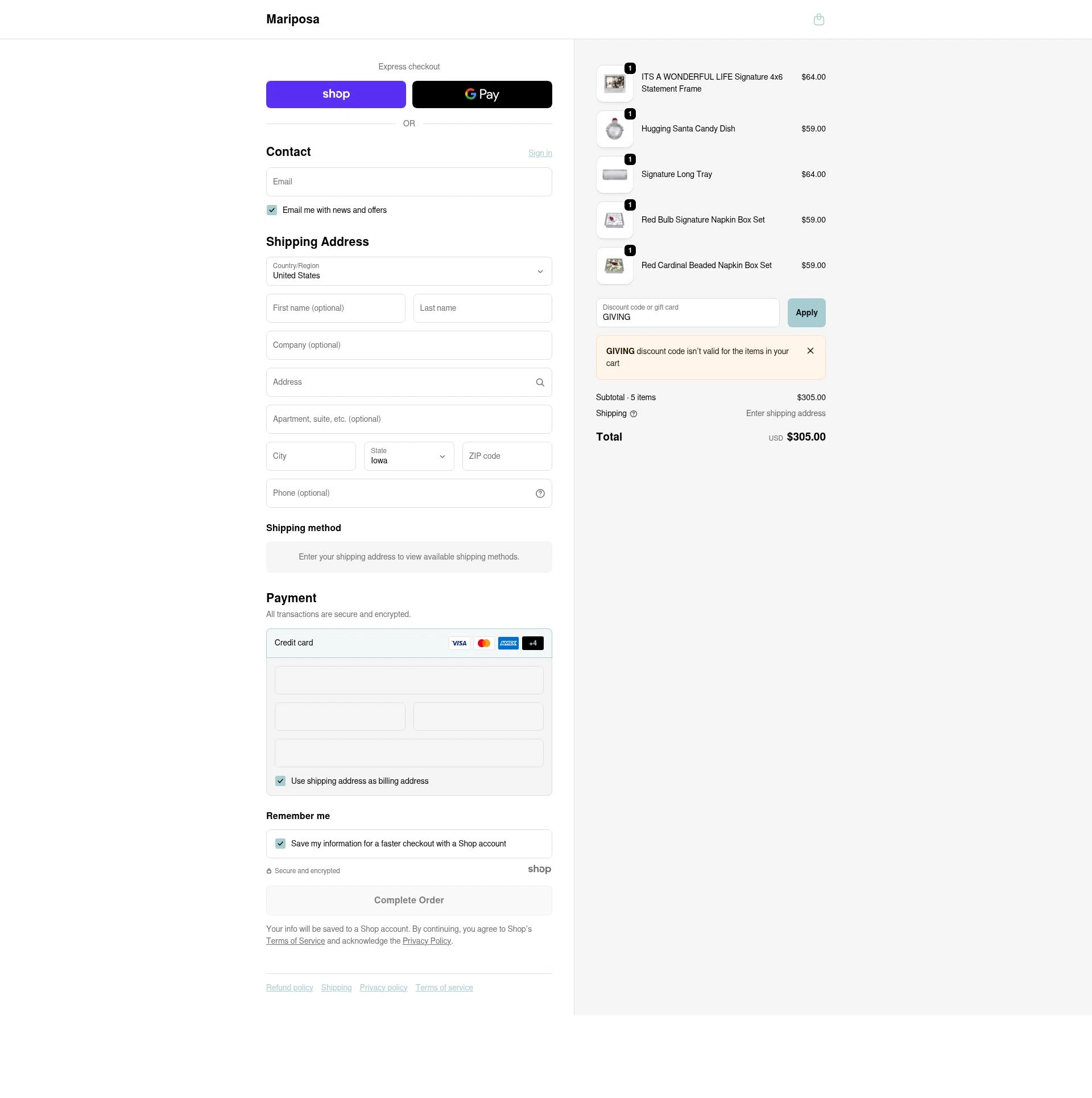 Mariposa checkout page showing Mariposa promo code box | Screenshot taken by SimplyCodes community member on Oct 18, 2025