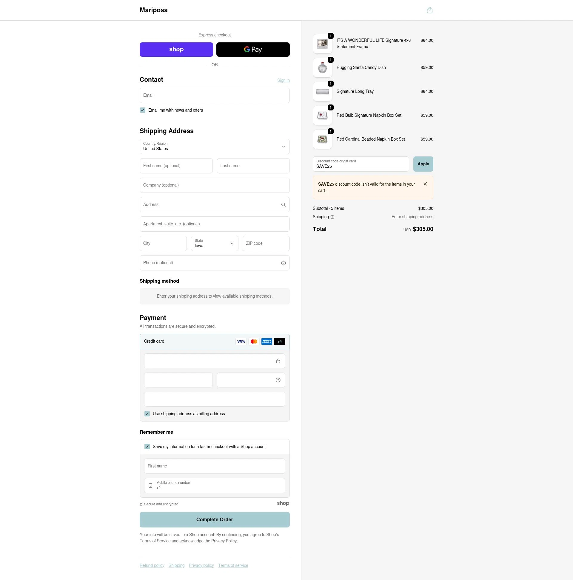 Mariposa checkout page showing Mariposa promo code box | Screenshot taken by SimplyCodes community member on Nov 8, 2025