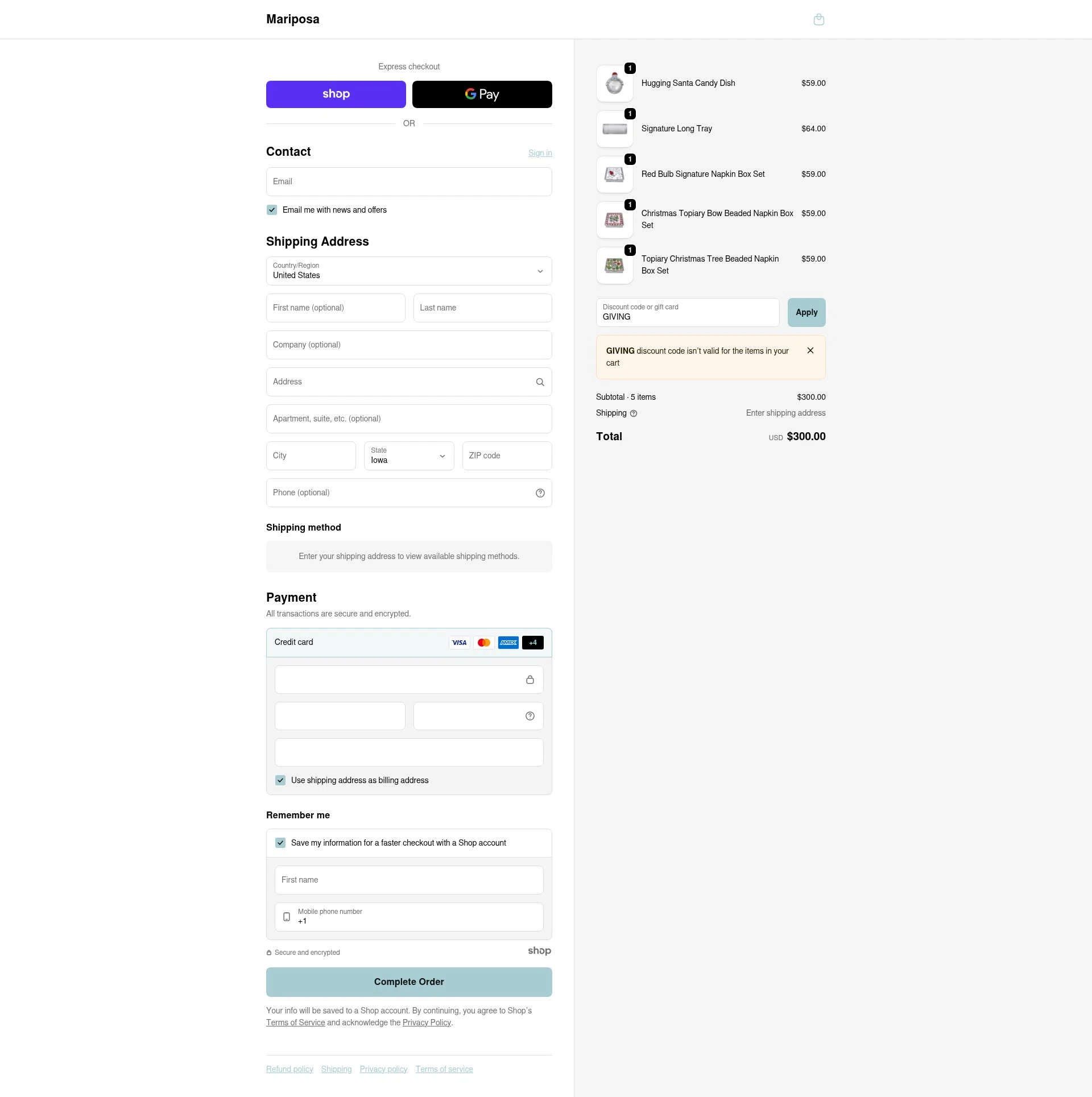 Mariposa checkout page showing Mariposa promo code box | Screenshot taken by SimplyCodes community member on Oct 2, 2025