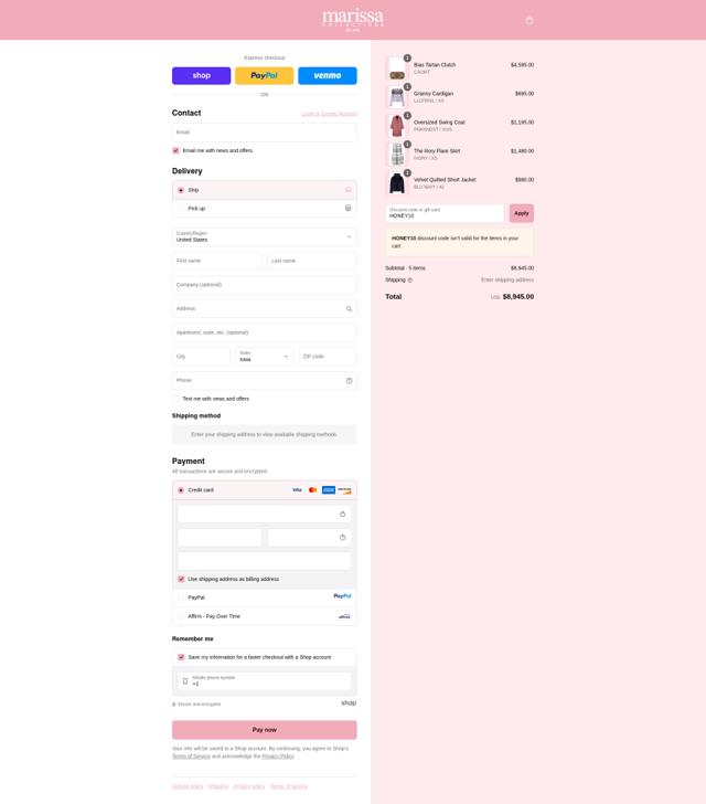 Marissa Collections checkout page showing Marissa Collections discount code box | Screenshot taken by SimplyCodes community member on Sep 12, 2025