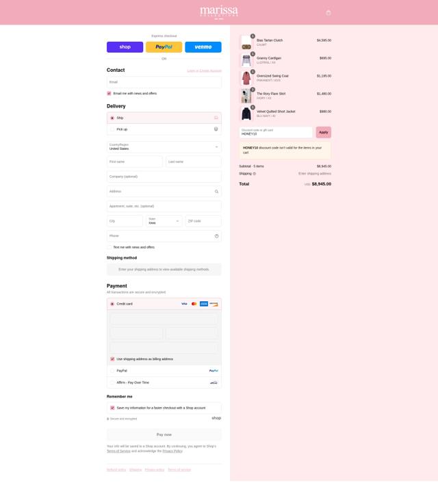 Marissa Collections checkout page showing Marissa Collections discount code box | Screenshot taken by SimplyCodes community member on Sep 8, 2025