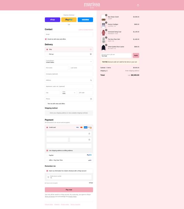 Marissa Collections checkout page showing Marissa Collections discount code box | Screenshot taken by SimplyCodes community member on Sep 12, 2025