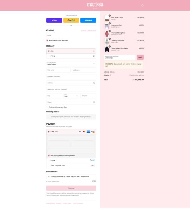 Marissa Collections checkout page showing Marissa Collections discount code box | Screenshot taken by SimplyCodes community member on Sep 12, 2025
