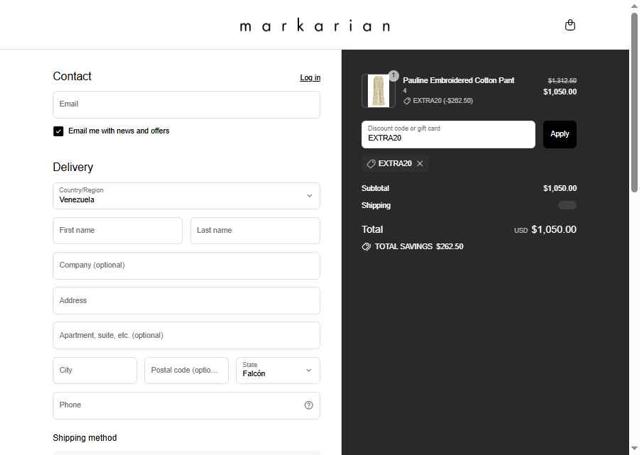 Markarian checkout page showing Markarian promo code box | Screenshot taken by SimplyCodes community member on Aug 27, 2025