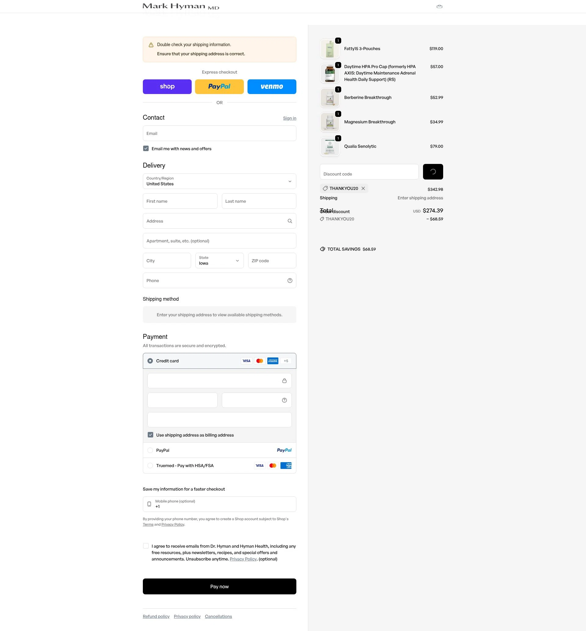 Mark Hyman checkout page showing Mark Hyman discount code box | Screenshot taken by SimplyCodes community member on Feb 3, 2026