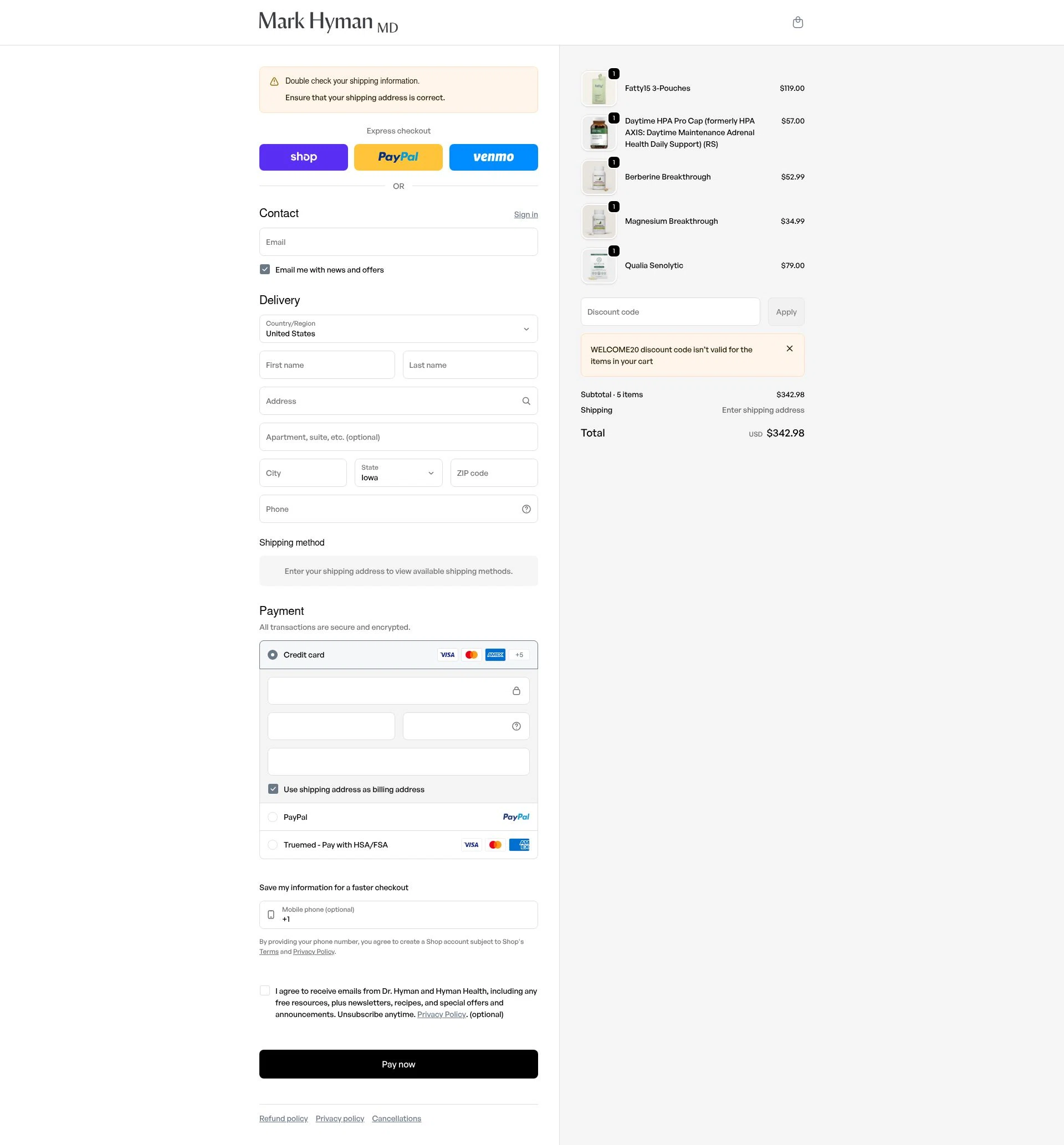 Mark Hyman checkout page showing Mark Hyman discount code box | Screenshot taken by SimplyCodes community member on Feb 11, 2026