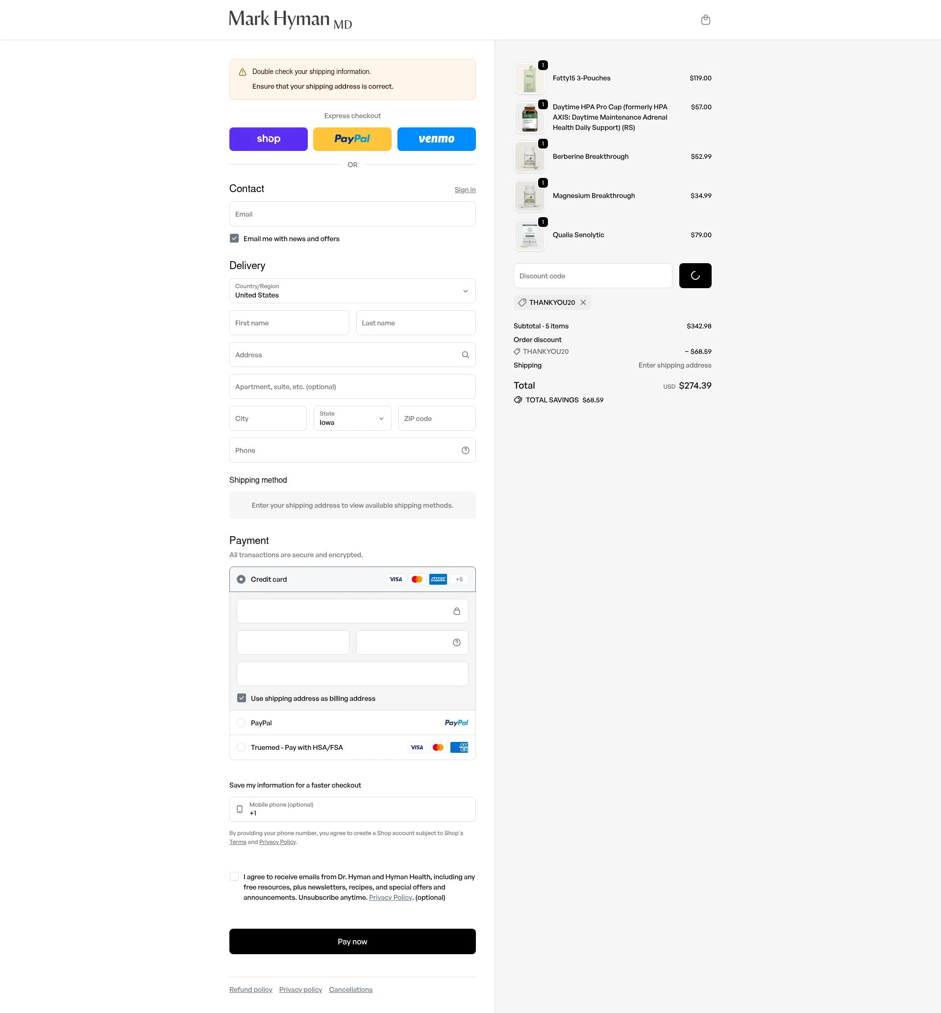 Mark Hyman checkout page showing Mark Hyman discount code box | Screenshot taken by SimplyCodes community member on Feb 11, 2026