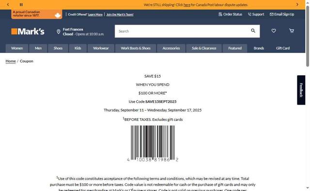 Mark's checkout page showing Mark's promo code box | Screenshot taken by SimplyCodes community member on Sep 11, 2025