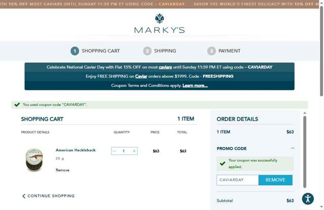 Marky's checkout page showing Marky's promo code box | Screenshot taken by SimplyCodes community member on Jul 17, 2025