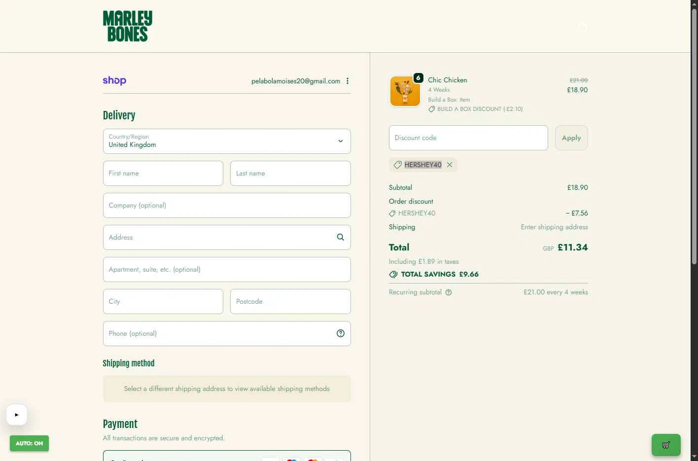 Marleybones checkout page showing Marleybones promo code box | Screenshot taken by SimplyCodes community member on Jan 24, 2026