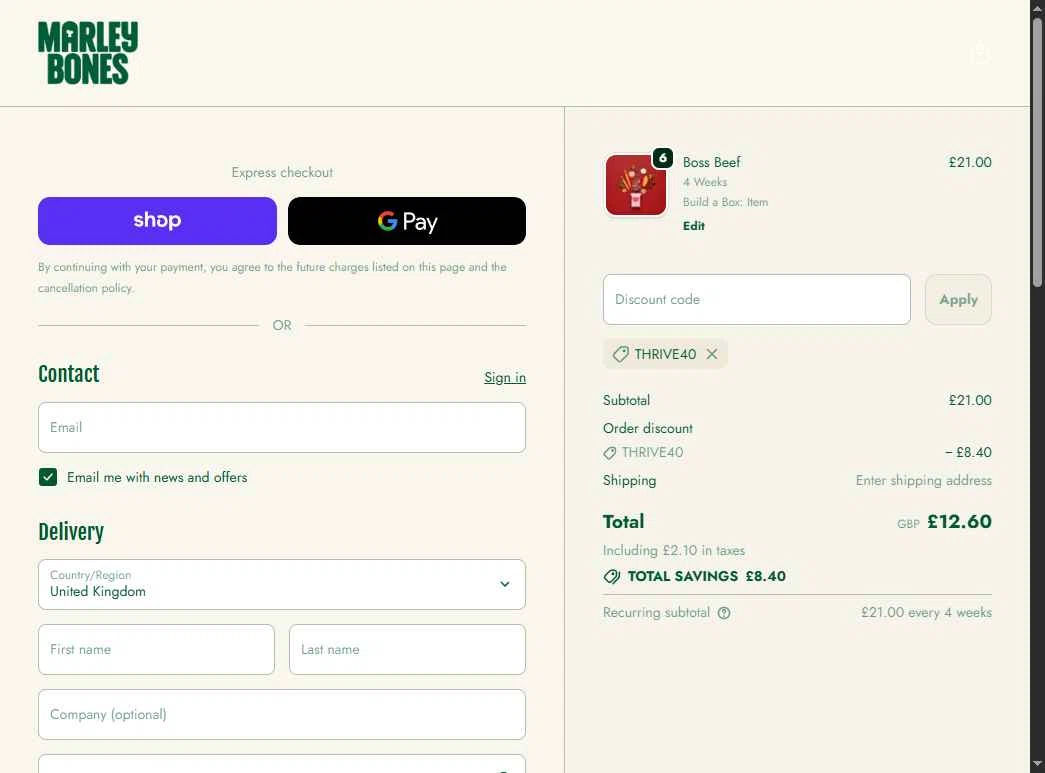 Marleybones checkout page showing Marleybones promo code box | Screenshot taken by SimplyCodes community member on Jan 29, 2026