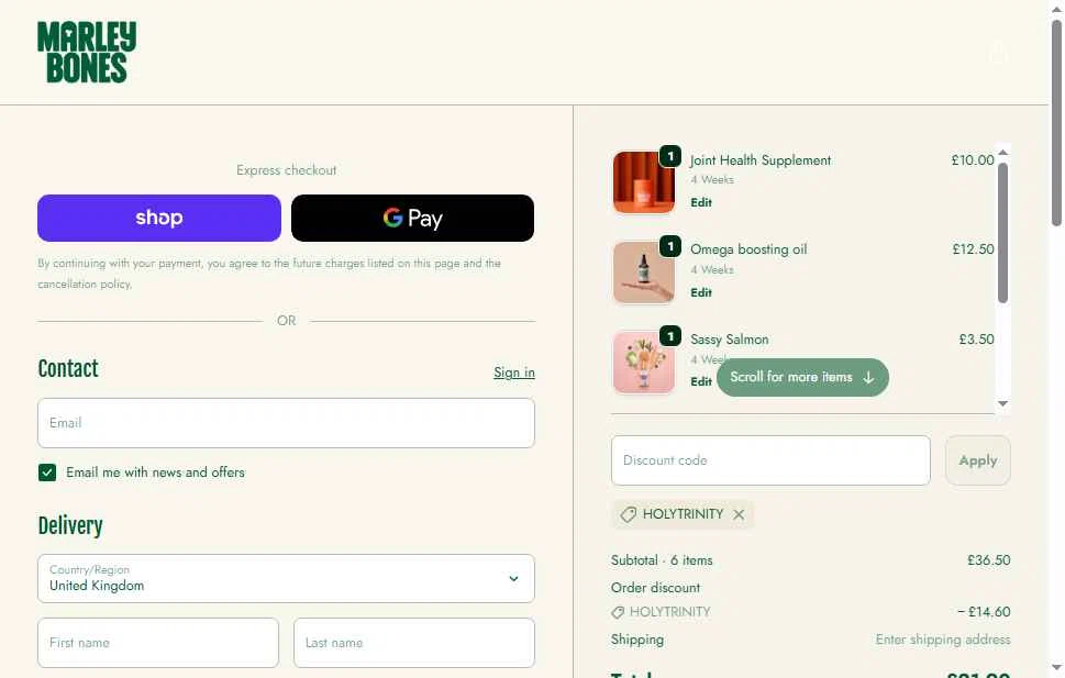 Marleybones checkout page showing Marleybones promo code box | Screenshot taken by SimplyCodes community member on Jan 29, 2026