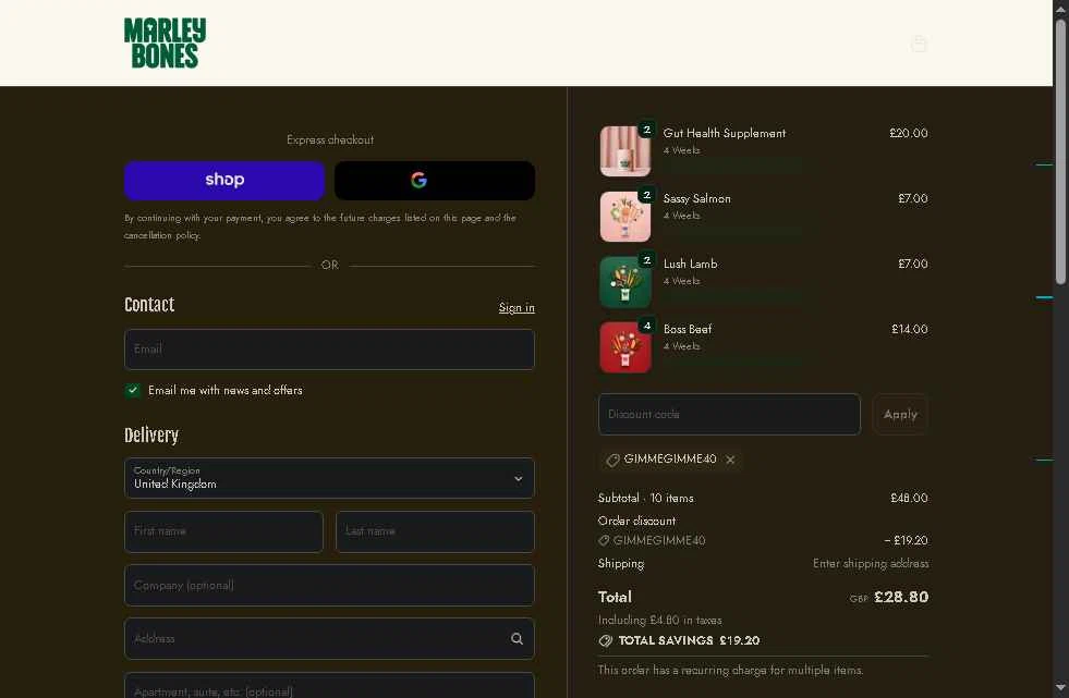 Marleybones checkout page showing Marleybones promo code box | Screenshot taken by SimplyCodes community member on Jan 27, 2026