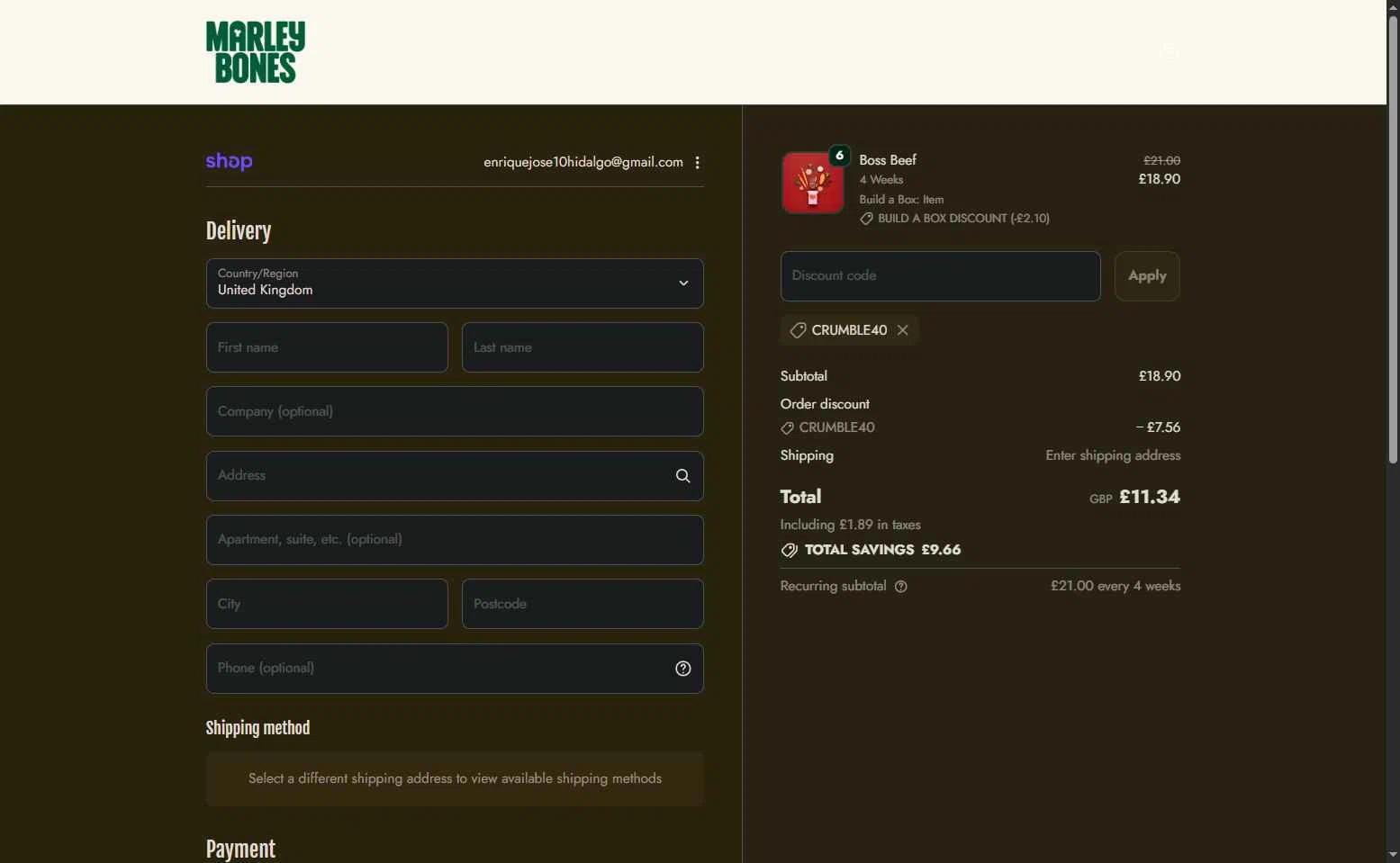 Marleybones checkout page showing Marleybones promo code box | Screenshot taken by SimplyCodes community member on Jan 24, 2026