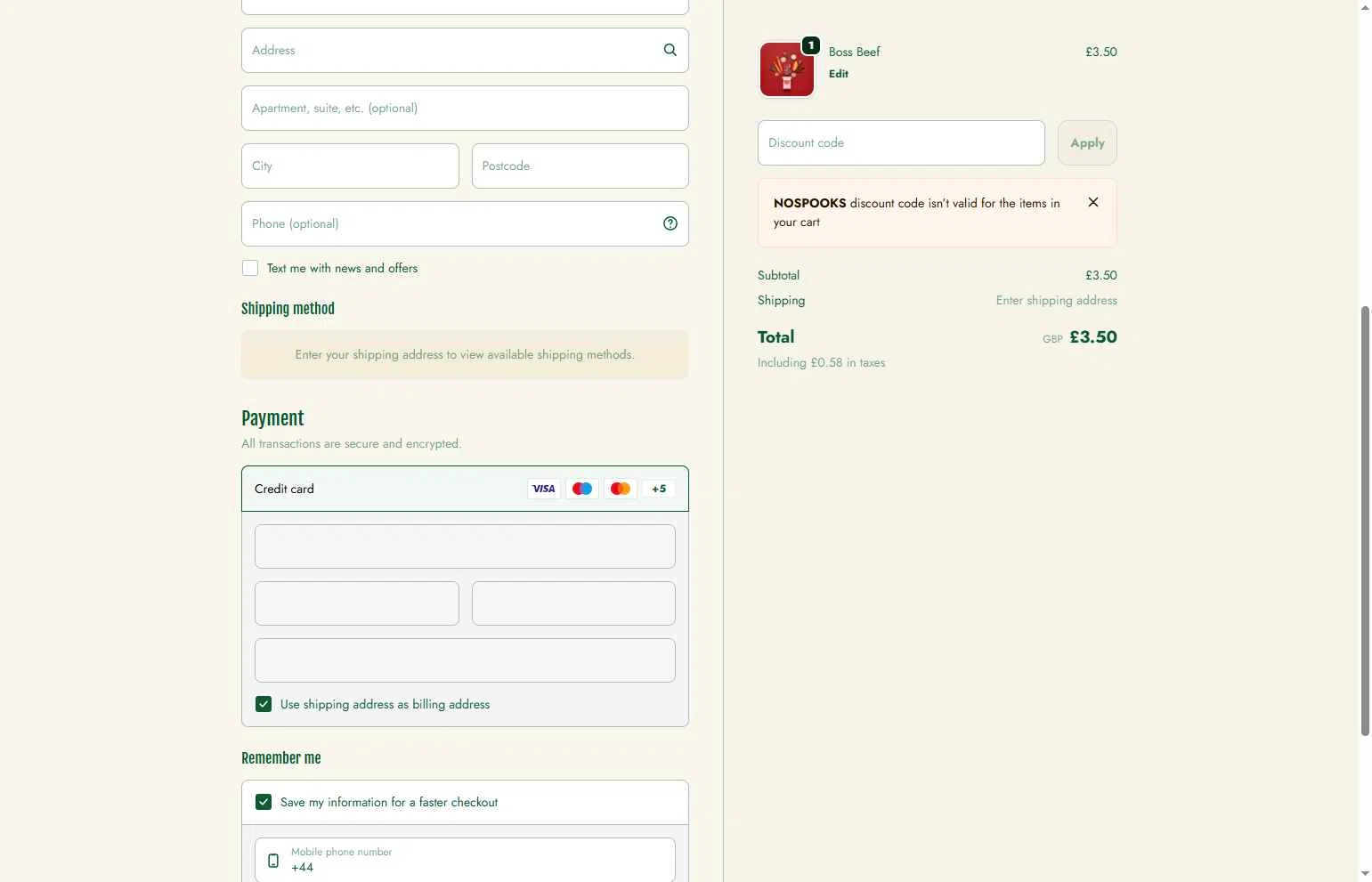 Marleybones checkout page showing Marleybones promo code box | Screenshot taken by SimplyCodes community member on Jan 24, 2026