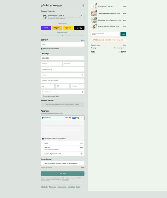 Marley's Monsters checkout page showing Marley's Monsters coupon code box | Screenshot taken by SimplyCodes community member on Sep 7, 2025