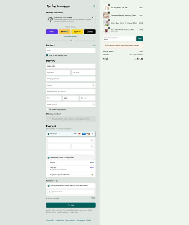 Marley's Monsters checkout page showing Marley's Monsters coupon code box | Screenshot taken by SimplyCodes community member on Sep 7, 2025