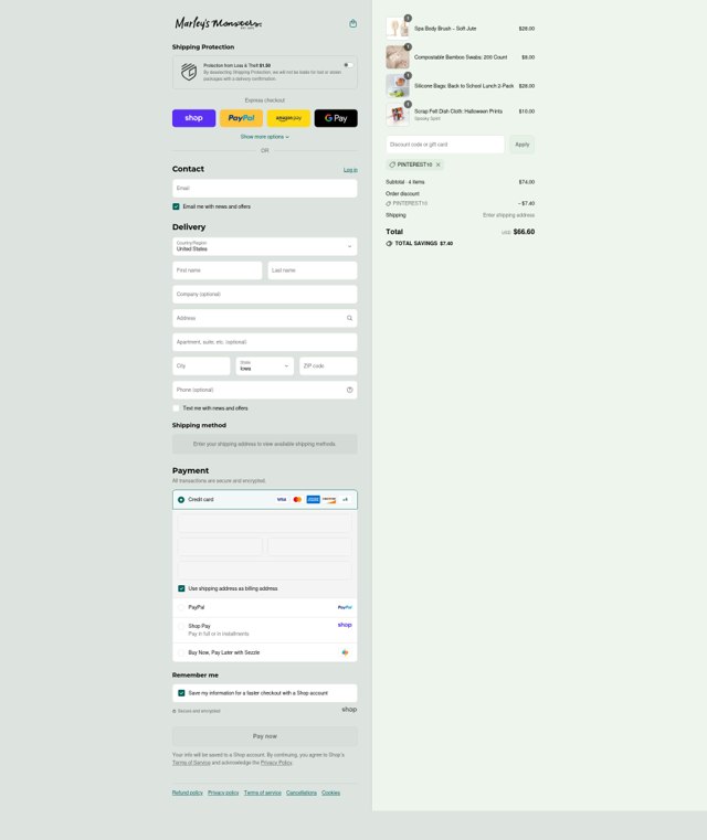 Marley's Monsters checkout page showing Marley's Monsters coupon code box | Screenshot taken by SimplyCodes community member on Sep 7, 2025
