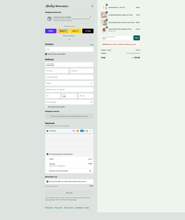 Marley's Monsters checkout page showing Marley's Monsters coupon code box | Screenshot taken by SimplyCodes community member on Sep 7, 2025