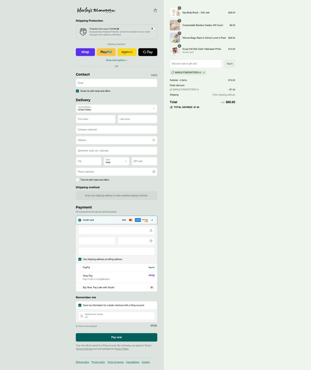 Marley's Monsters checkout page showing Marley's Monsters coupon code box | Screenshot taken by SimplyCodes community member on Sep 7, 2025
