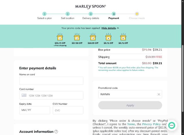 Martha & Marley Spoon checkout page showing Martha & Marley Spoon promo code box | Screenshot taken by SimplyCodes community member on Aug 11, 2025