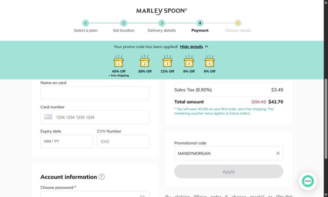 Martha & Marley Spoon checkout page showing Martha & Marley Spoon promo code box | Screenshot taken by SimplyCodes community member on Jul 16, 2025