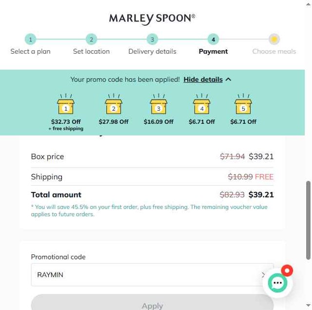 Martha & Marley Spoon checkout page showing Martha & Marley Spoon promo code box | Screenshot taken by SimplyCodes community member on Jul 7, 2025