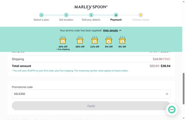 Martha & Marley Spoon checkout page showing Martha & Marley Spoon promo code box | Screenshot taken by SimplyCodes community member on Aug 23, 2025