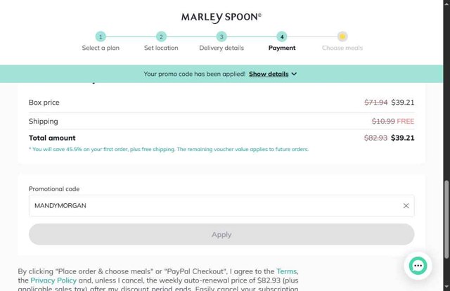 Martha & Marley Spoon checkout page showing Martha & Marley Spoon promo code box | Screenshot taken by SimplyCodes community member on Jul 8, 2025