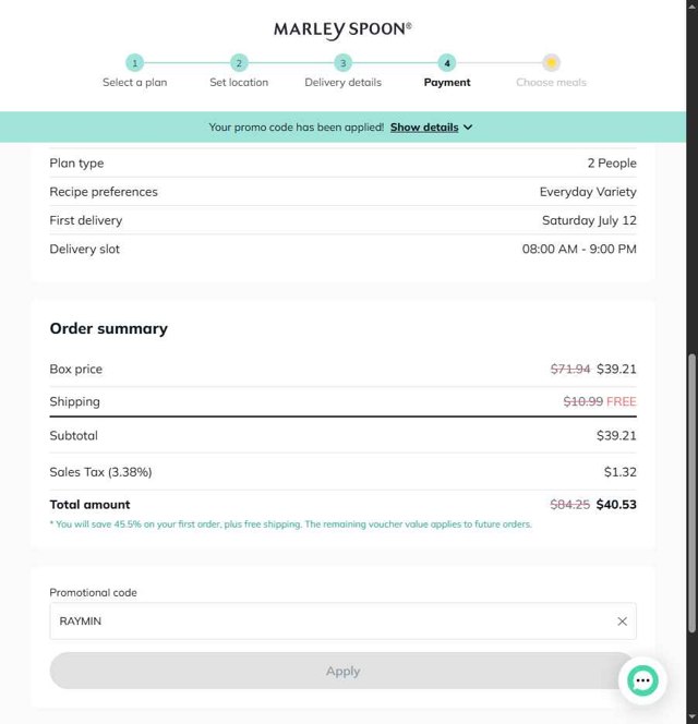 Martha & Marley Spoon checkout page showing Martha & Marley Spoon promo code box | Screenshot taken by SimplyCodes community member on Jul 7, 2025