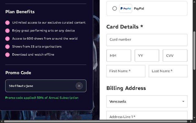 Marquee TV checkout page showing Marquee TV promo code box | Screenshot taken by SimplyCodes community member on Jul 4, 2025