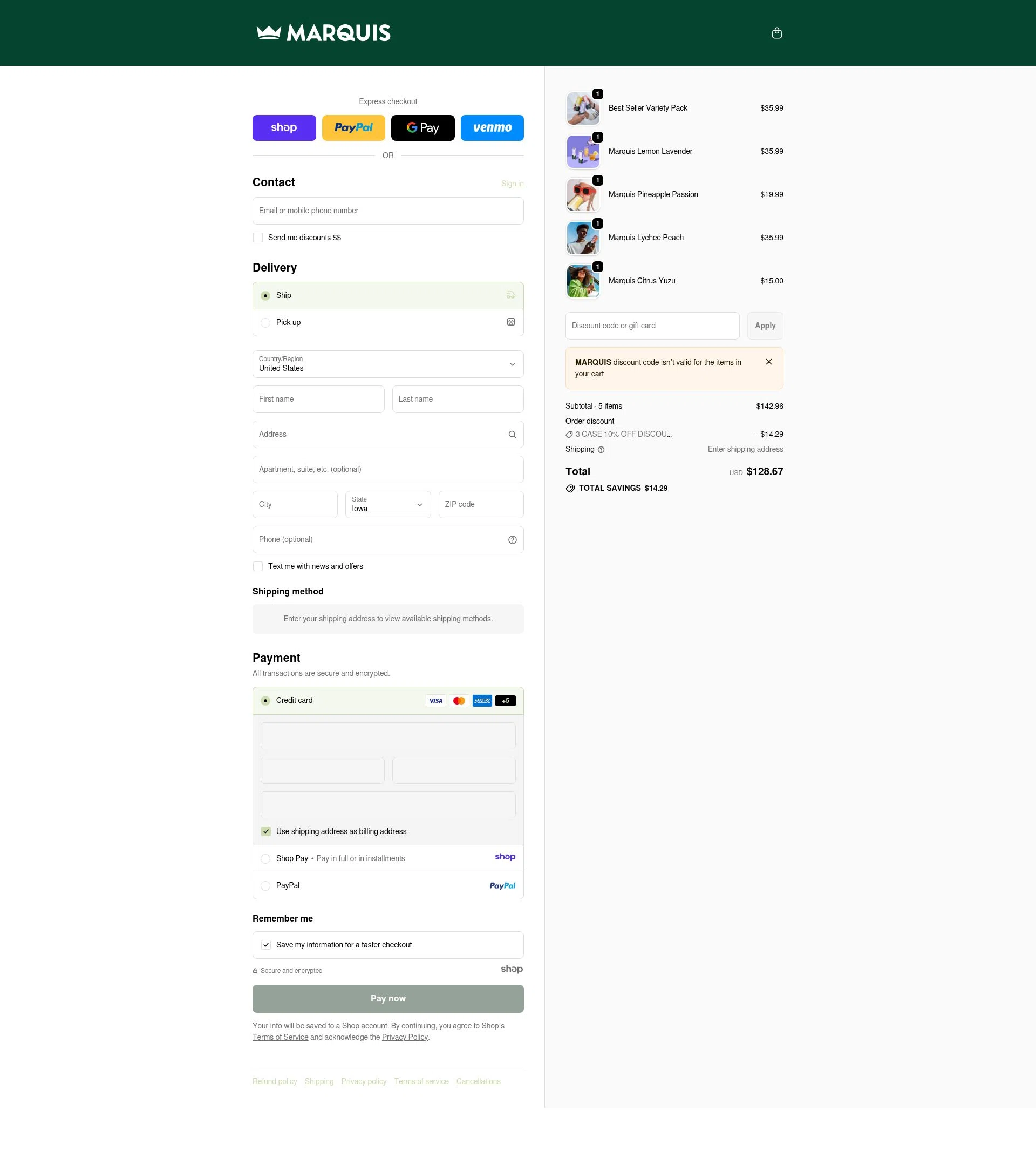 Marquis checkout page showing Marquis promo code box | Screenshot taken by SimplyCodes community member on Jan 3, 2026