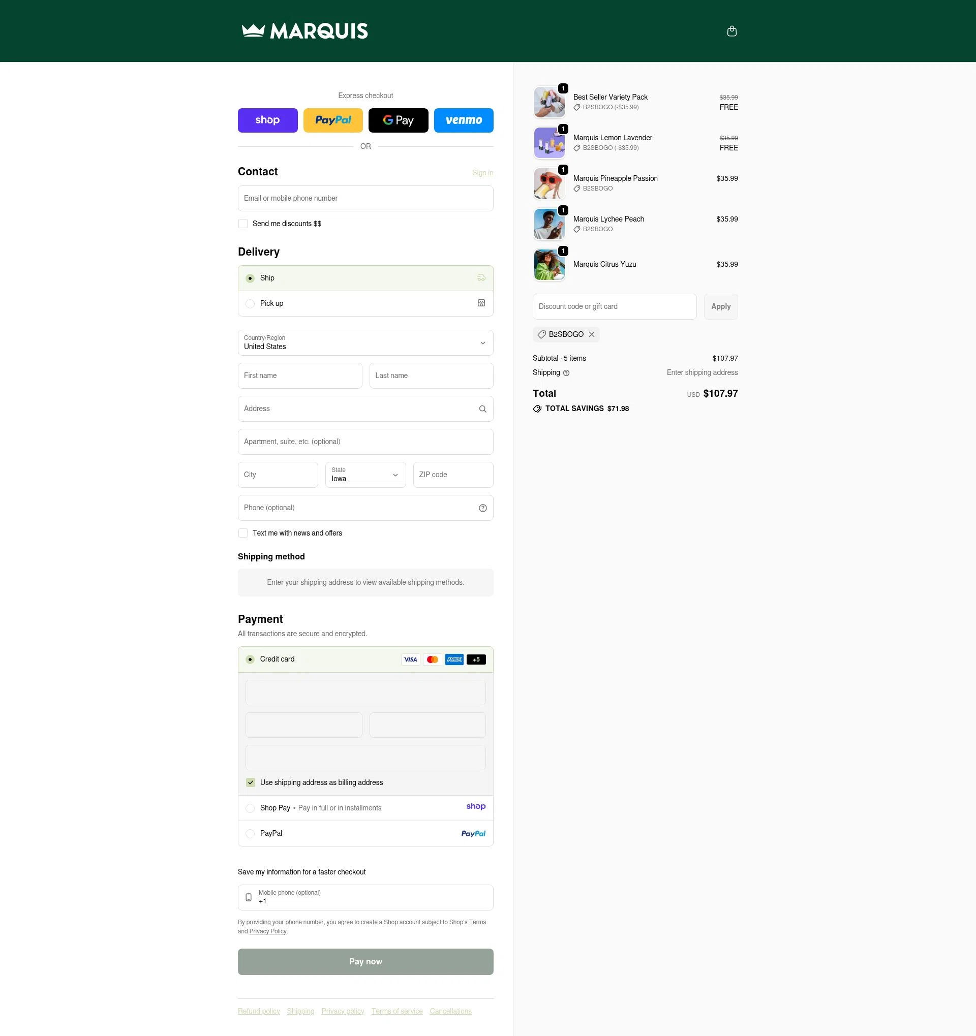 Marquis checkout page showing Marquis promo code box | Screenshot taken by SimplyCodes community member on Jan 8, 2026