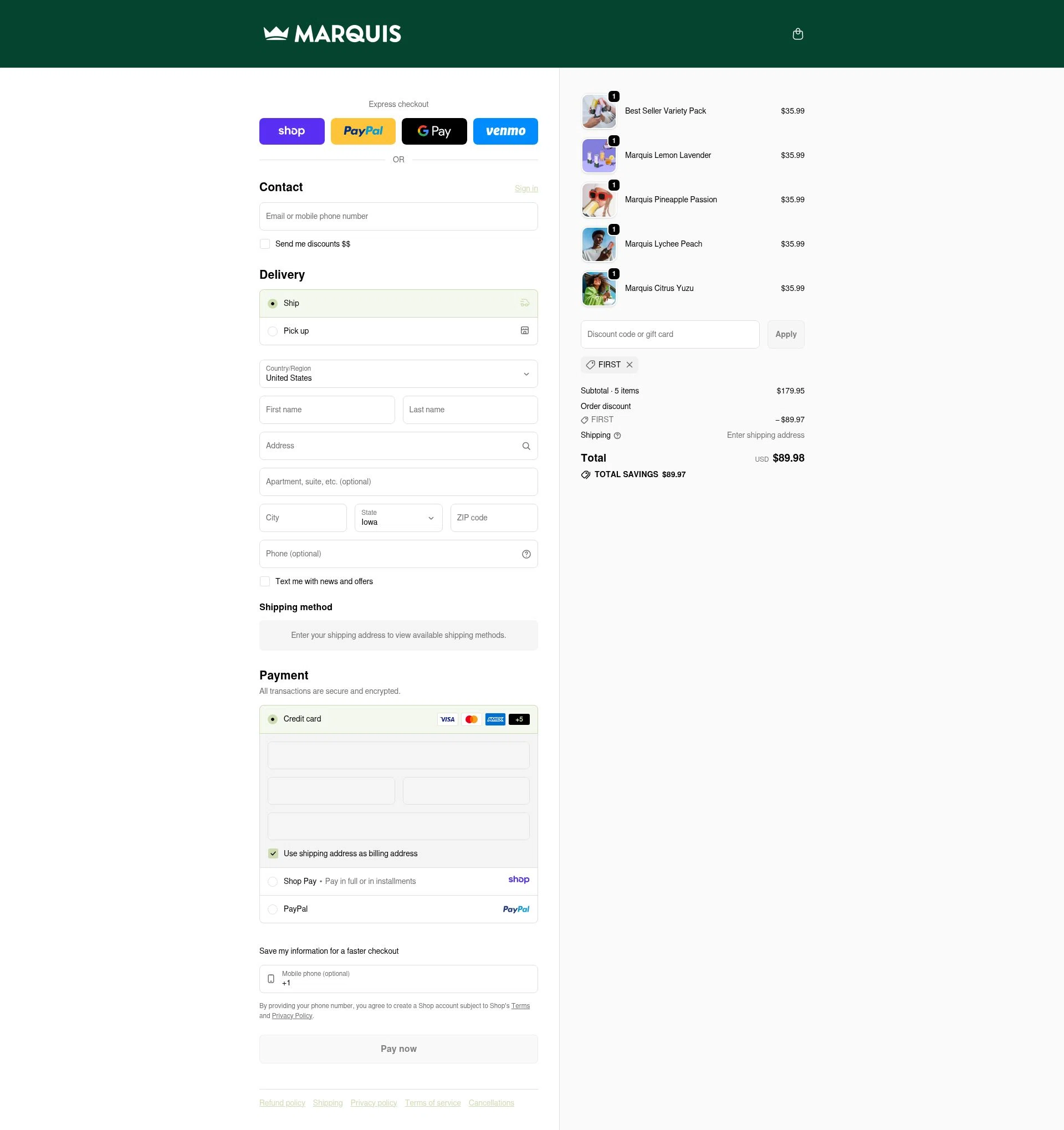 Marquis checkout page showing Marquis promo code box | Screenshot taken by SimplyCodes community member on Jan 8, 2026
